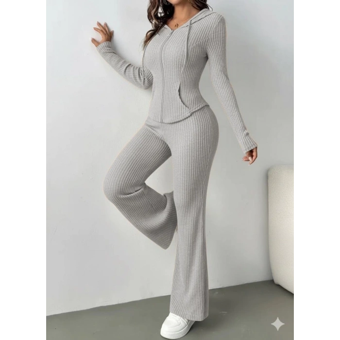 Kadın Uzun Kollu Kapşonlu önden Fermuarlı Kaşkorse Bluz Ve Pantolon Ikili Takım