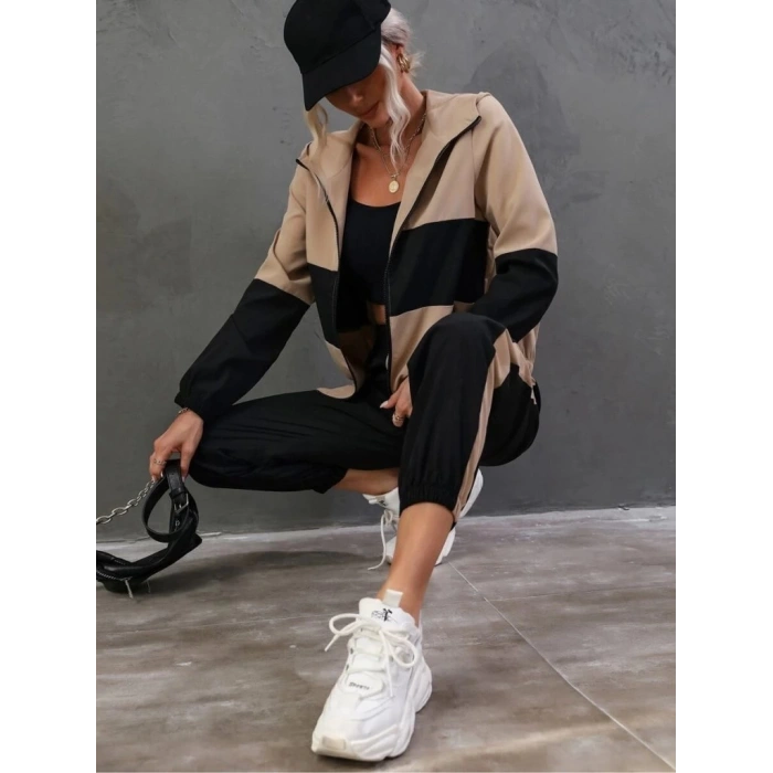 Kadın Uzun Kollu Kapşonlu önden Fermuarlı Viskon Iki Iplik Bluz Ve Pantolon Ikili Takım