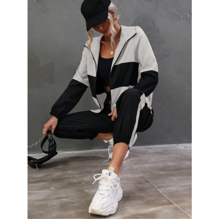 Kadın Uzun Kollu Kapşonlu önden Fermuarlı Viskon Iki Iplik Bluz Ve Pantolon Ikili Takım