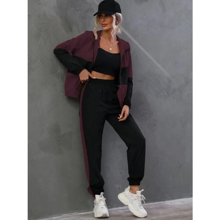 Kadın Uzun Kollu Kapşonlu önden Fermuarlı Viskon Iki Iplik Bluz Ve Pantolon Ikili Takım