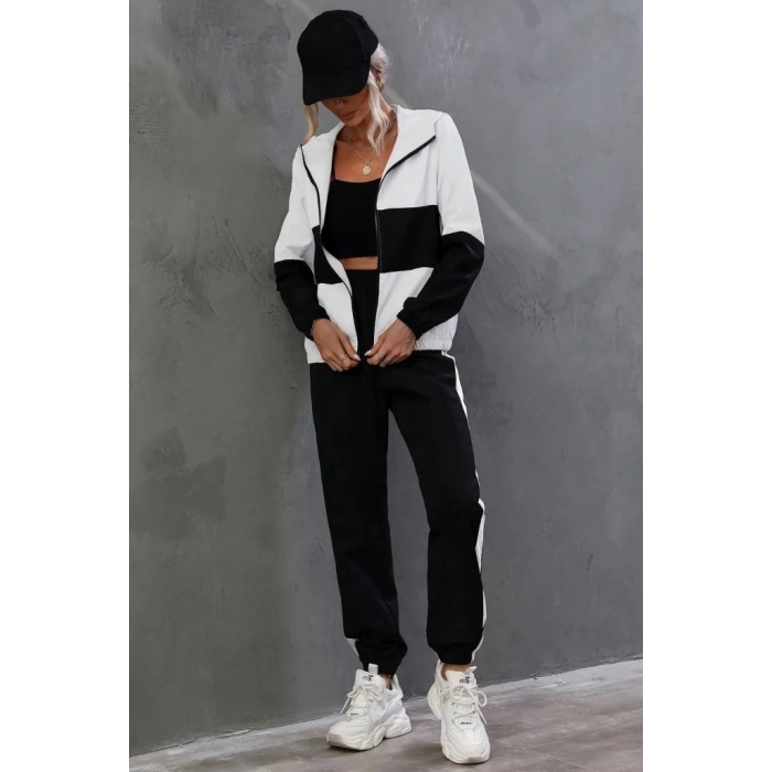 Kadın Uzun Kollu Kapşonlu önden Fermuarlı Viskon Iki Iplik Bluz Ve Pantolon Ikili Takım