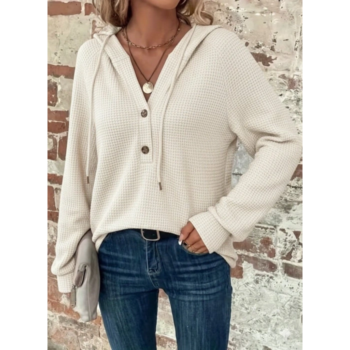 Kadın Uzun Kollu Kapşonlu önü Düğmeli Ve Bağcıklı Waffle Bluz