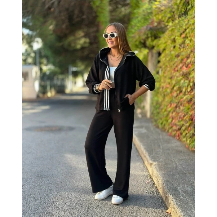 Kadın Uzun Kollu Kapşonlu Onu şerit Detaylı Fermuarlı Viskon Iki Iplik Bluz Ve Pantolon Ikili Takım