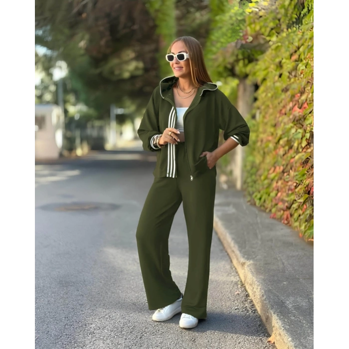 Kadın Uzun Kollu Kapşonlu Onu şerit Detaylı Fermuarlı Viskon Iki Iplik Bluz Ve Pantolon Ikili Takım