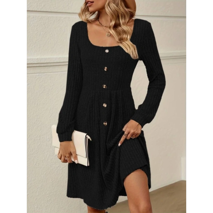 Kadın Uzun Kollu Kare Yaka Düğmeli Kısa şardonlu Iki Iplik Mini Elbise