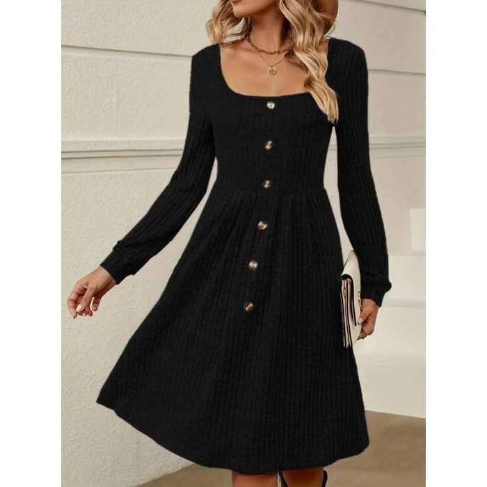 Kadın Uzun Kollu Kare Yaka Düğmeli Kısa şardonlu Iki Iplik Mini Elbise