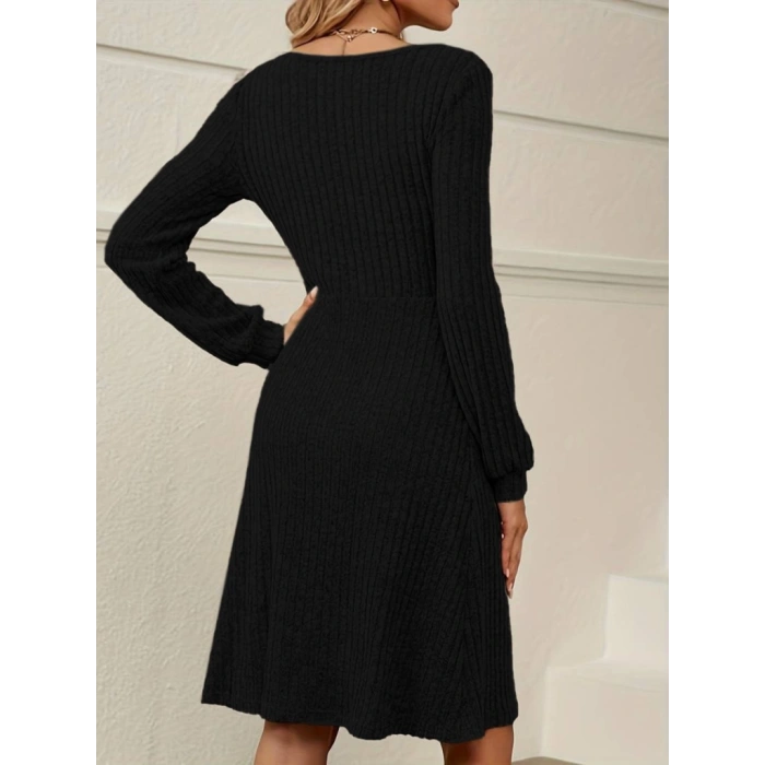 Kadın Uzun Kollu Kare Yaka Düğmeli Kısa şardonlu Iki Iplik Mini Elbise