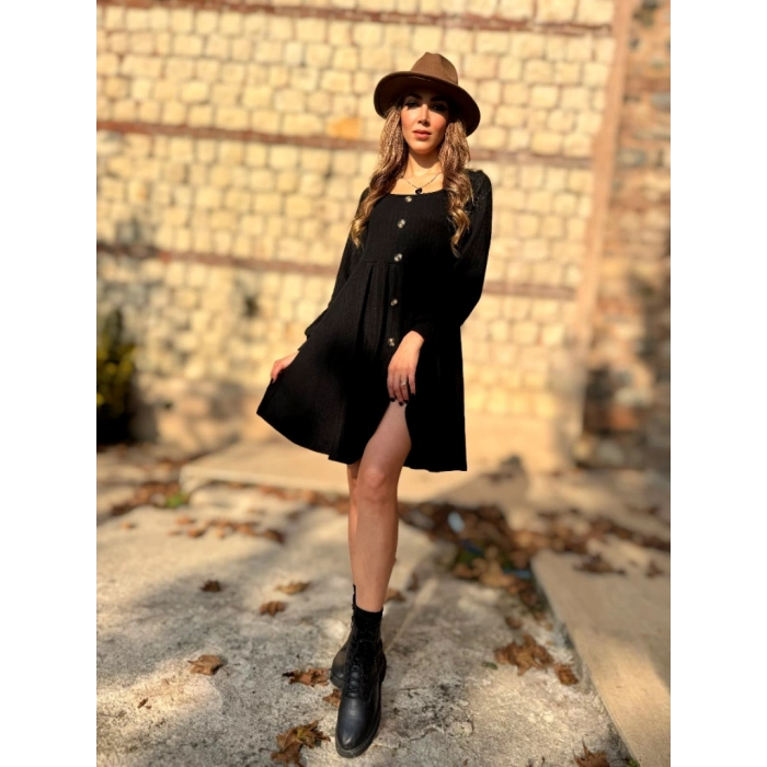 Kadın Uzun Kollu Kare Yaka Düğmeli Kısa şardonlu Iki Iplik Mini Elbise