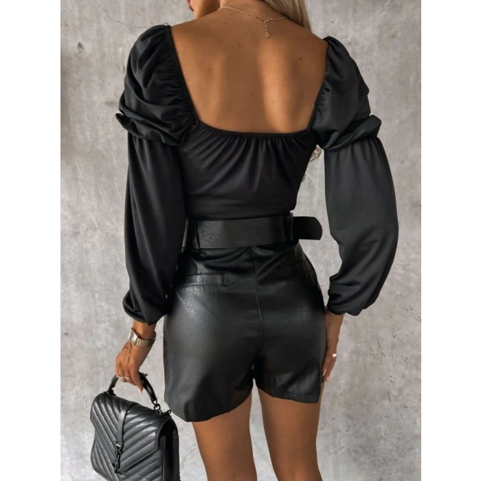 Kadın Uzun Kollu Kare Yaka Göğüs Büzgü Detay Sandy Bluz