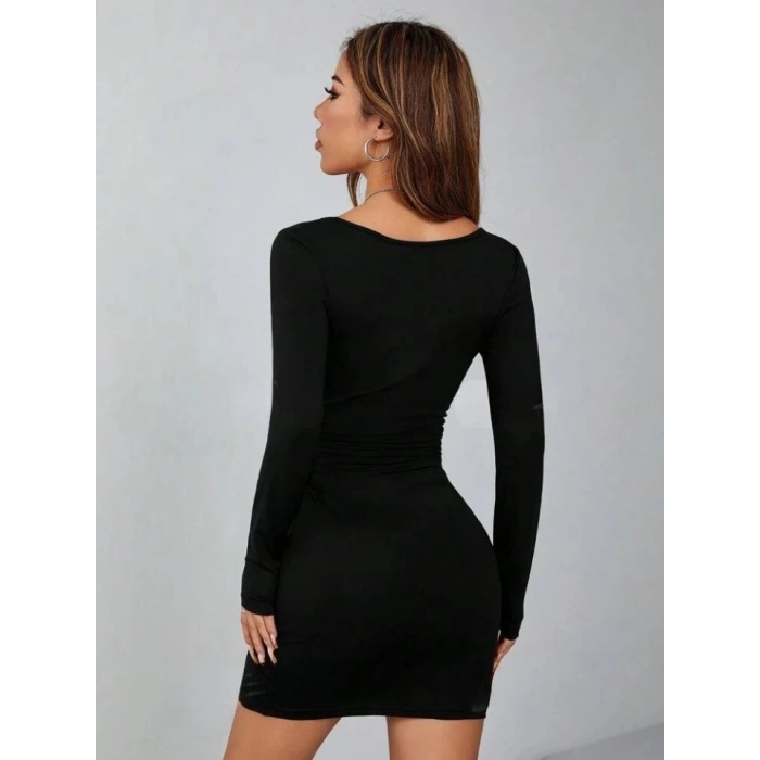 Kadın Uzun Kollu Kare Yaka Iç Gösterrmeyen Mini Elbise