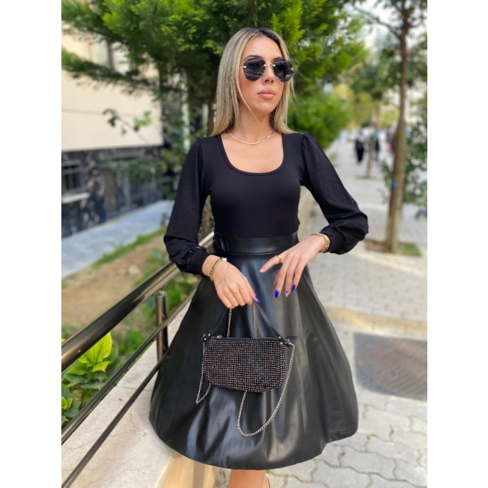 Kadın Uzun Kollu Kare Yaka üst Viskon Alt Deri Mini Elbise