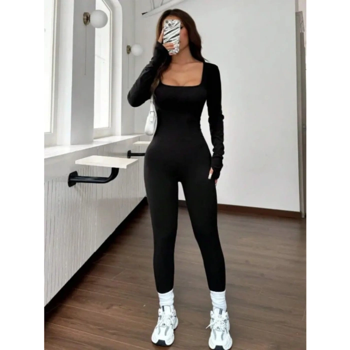 Kadın Uzun Kollu Kare Yakalı Fermuarlı Parmaktan Geçmeli Dalgıç Tulum