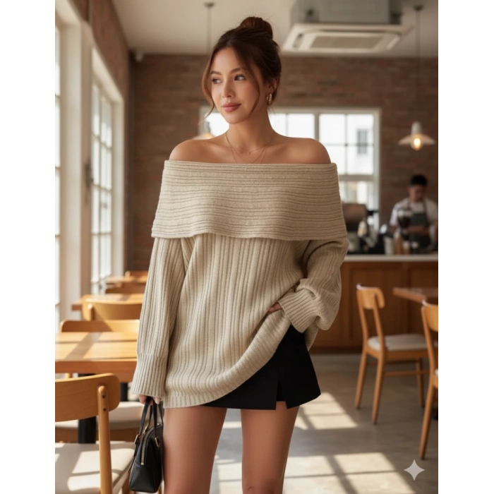 Kadın Uzun Kollu Katlama Detay Madonna Yaka Salaş Kazak