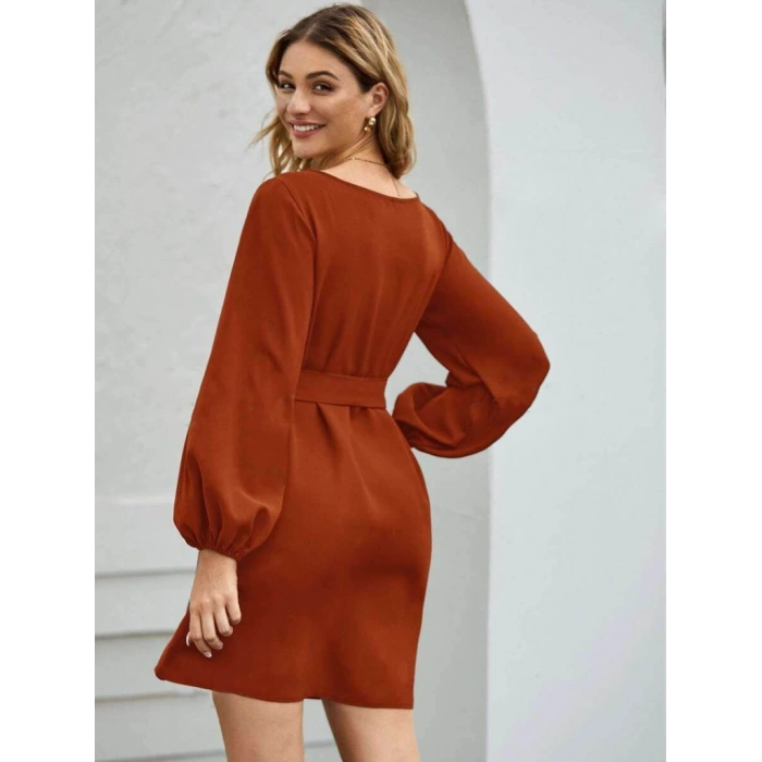 Kadın Uzun Kollu Kayık Yaka Belden Kuşaklı Kısa Ithal Krep Elbise