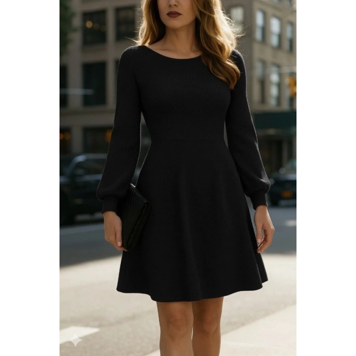 Kadın Uzun Kollu Kayık Yaka Kısa Triko Elbise