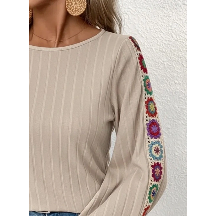 Kadın Uzun Kollu Kayık Yaka şardonlu Kaşkorse Bej Bluz