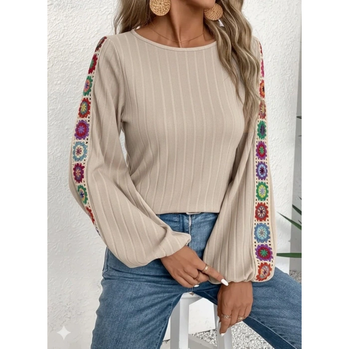 Kadın Uzun Kollu Kayık Yaka şardonlu Kaşkorse Bej Bluz