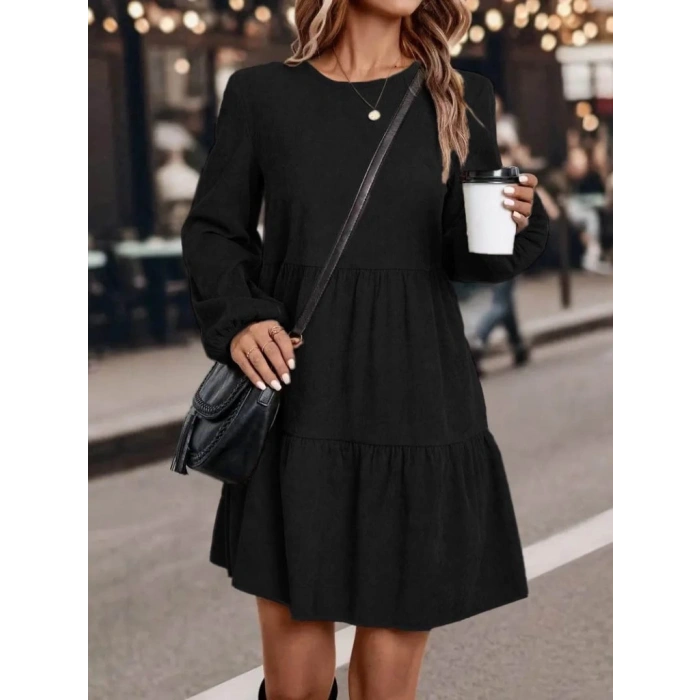 Kadın Uzun Kollu Kol Ucu Lastikli Süet Mini Boy Elbise