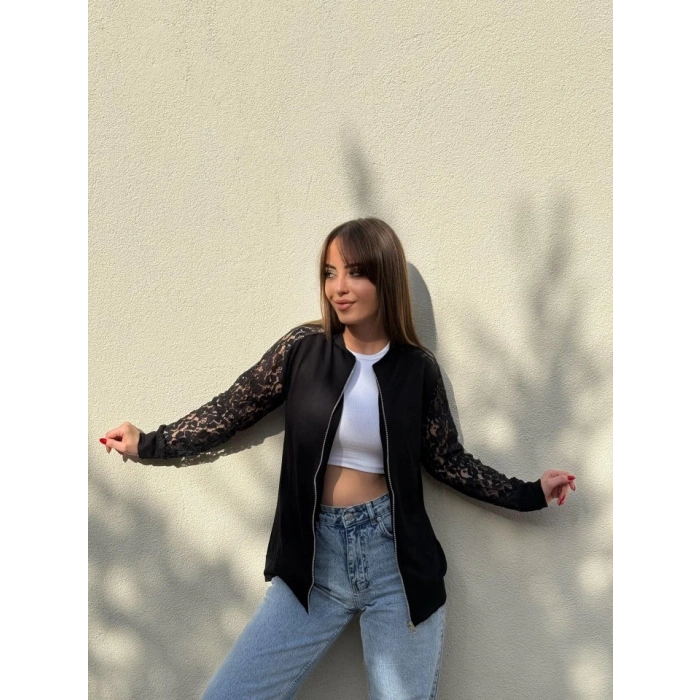 Kadın Uzun Kollu Kolları Dantel Detay önden Fermuarlı Viskon Iki Iplik Ceket