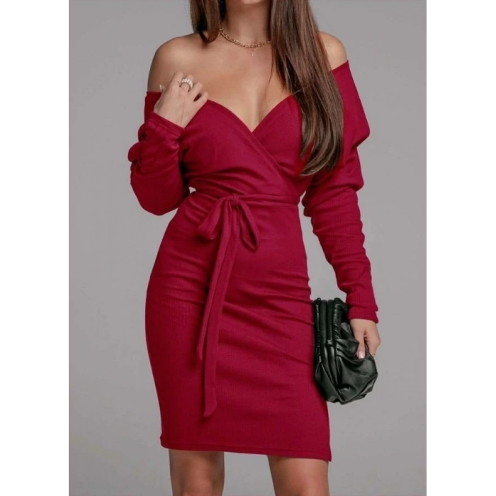 Kadın Uzun Kollu Kruvaze Yaka Bağcık Detay Akrilik Mini Boy Elbise