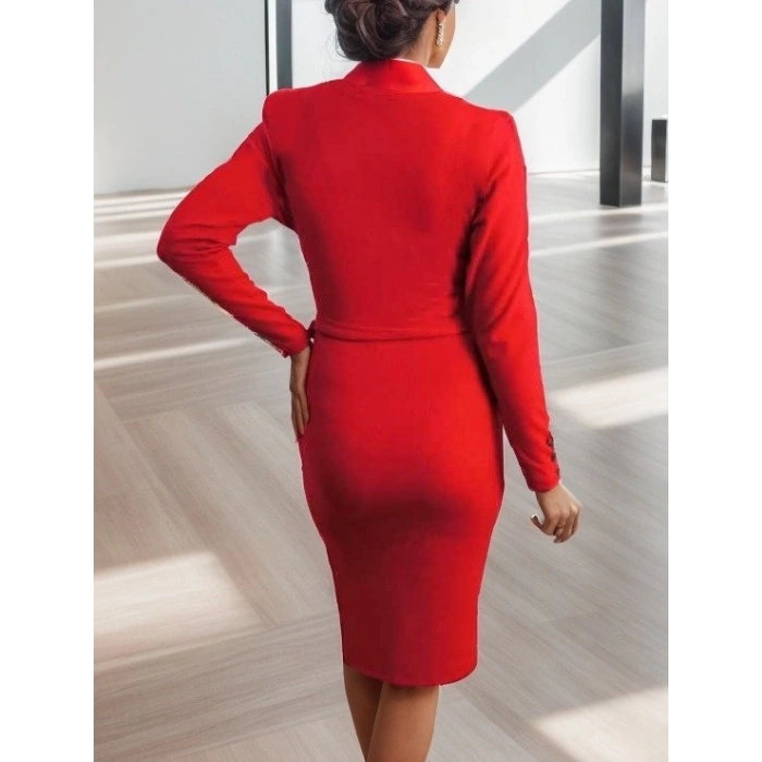 Kadın Uzun Kollu Kruvaze Yaka Bağcık Detay Akrilik Mini Boy Elbise