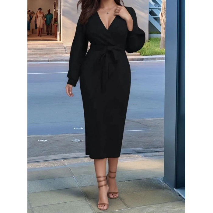 Kadın Uzun Kollu Kruvaze Yaka Belden Kuşaklı Midi Ithal Krep Elbise