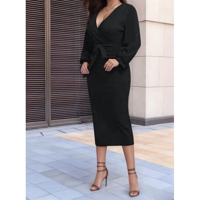 Kadın Uzun Kollu Kruvaze Yaka Belden Kuşaklı Midi Ithal Krep Elbise