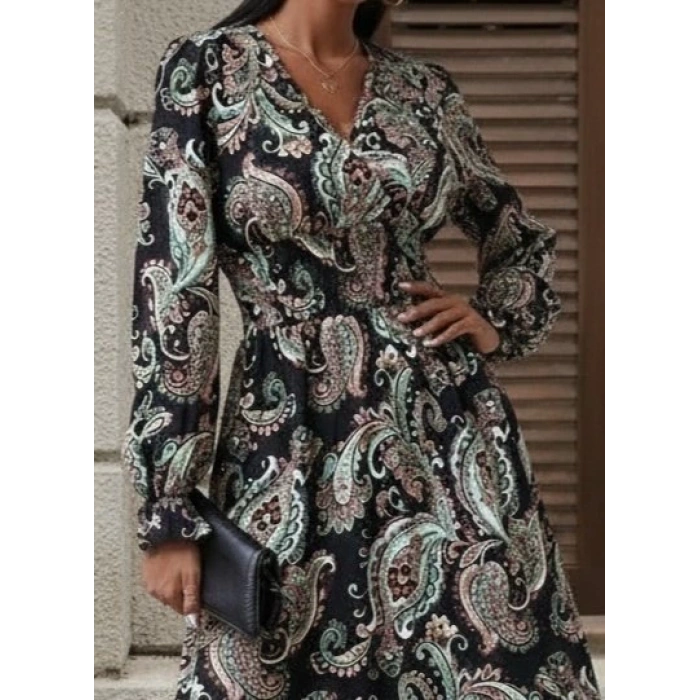 Kadın Uzun Kollu Kruvaze Yaka Beli Lastikli Uzun Desenli Maxi Elbise