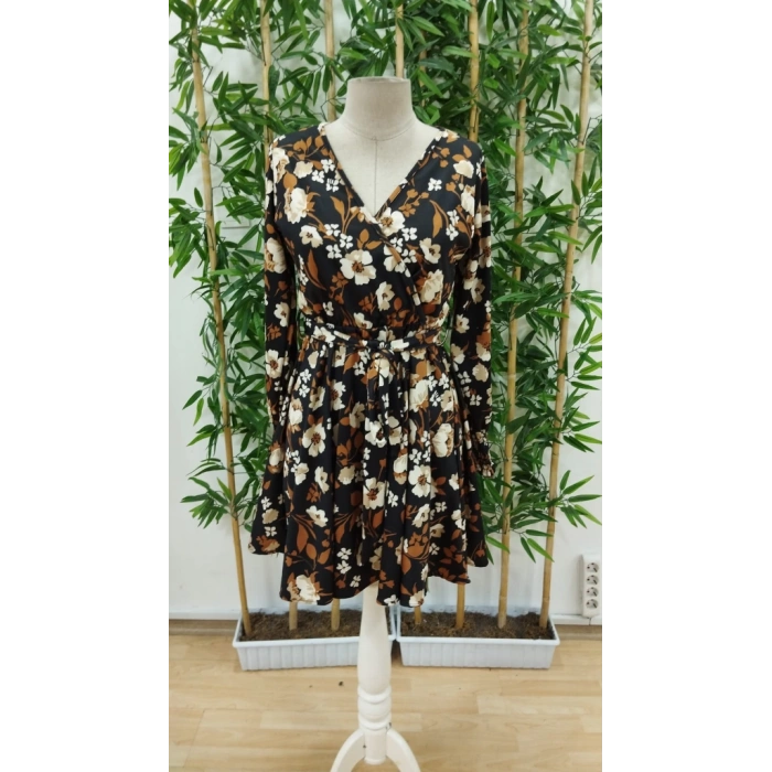 Kadın Uzun Kollu Kruvaze Yaka çiçek Desenli Dalgıç Elbise