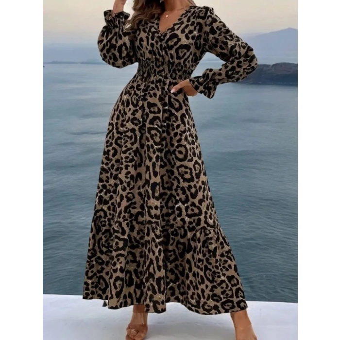 Kadın Uzun Kollu Kruvaze Yaka Leopar Desenli Uzun Süprem Elbise