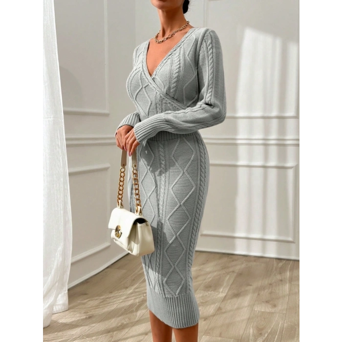 Kadın Uzun Kollu Kruvaze Yaka Triko Midi Boy Elbise
