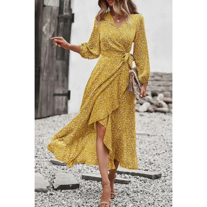 Kadın Uzun Kollu Kruvaze Yaka Yandan Bağlamalı önden Fırfır Detaylı Süprem Uzun Elbise