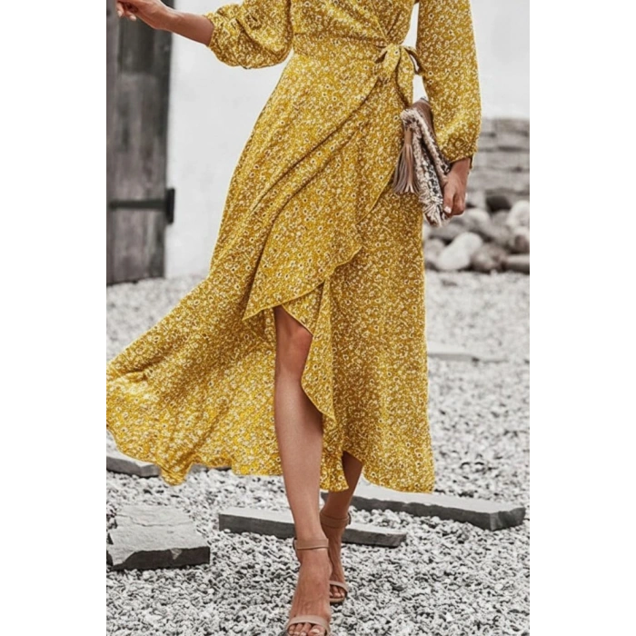 Kadın Uzun Kollu Kruvaze Yaka Yandan Bağlamalı önden Fırfır Detaylı Süprem Uzun Elbise