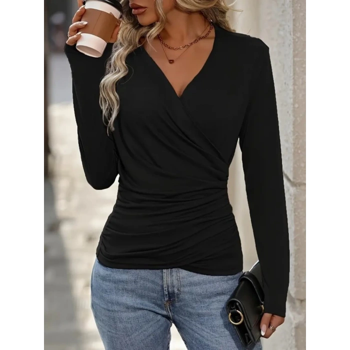 Kadın Uzun Kollu Kruvaze Yaka Yanlardan Büzgülü Viskon Bluz
