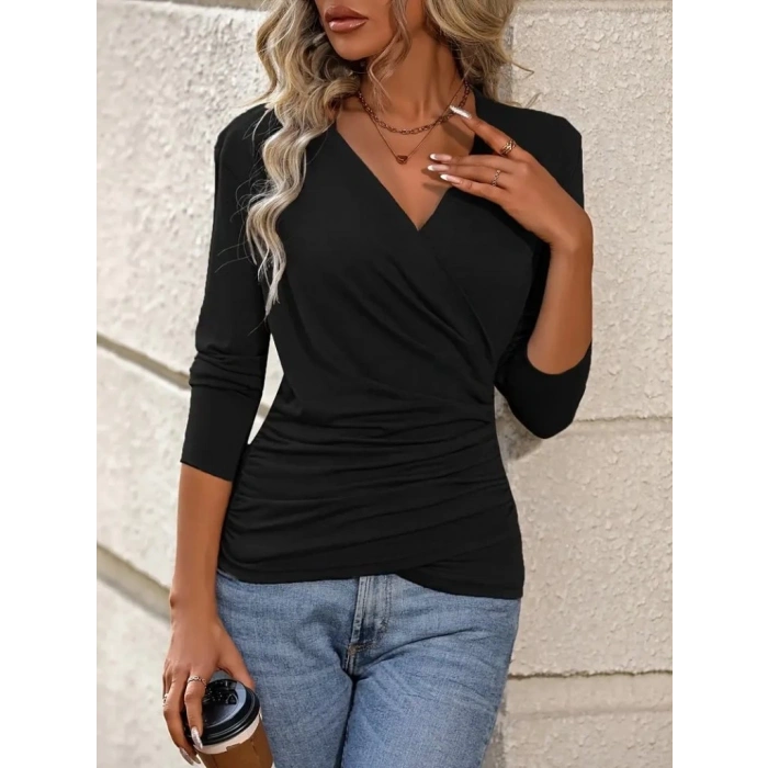 Kadın Uzun Kollu Kruvaze Yaka Yanlardan Büzgülü Viskon Bluz