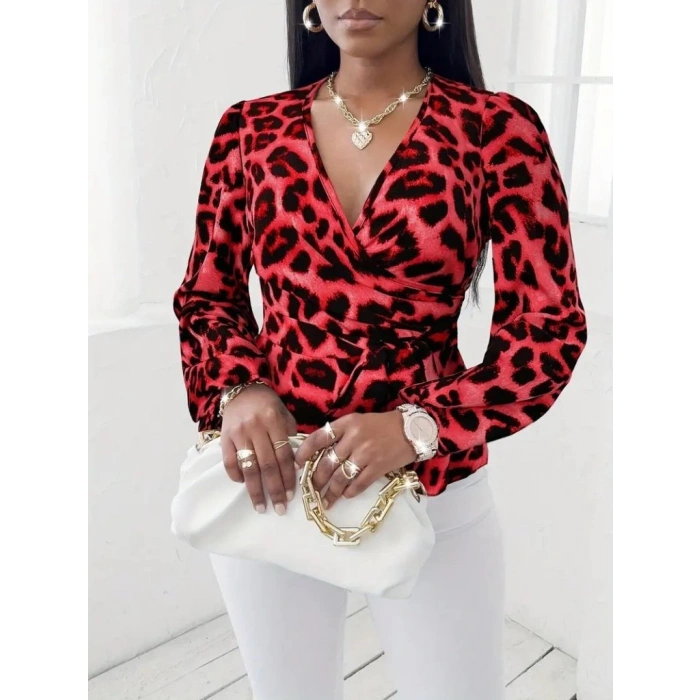 Kadın Uzun Kollu Kruvaze Yakalı Belden Kuşaklı Leopar Desenli Süprem Bluz