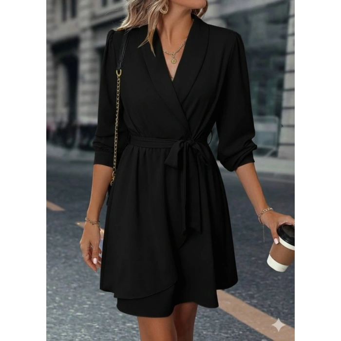 Kadın Uzun Kollu Kruvaze Yakalı Belden Kuşaklı Mini çift Katlı Ithal Krep Elbise