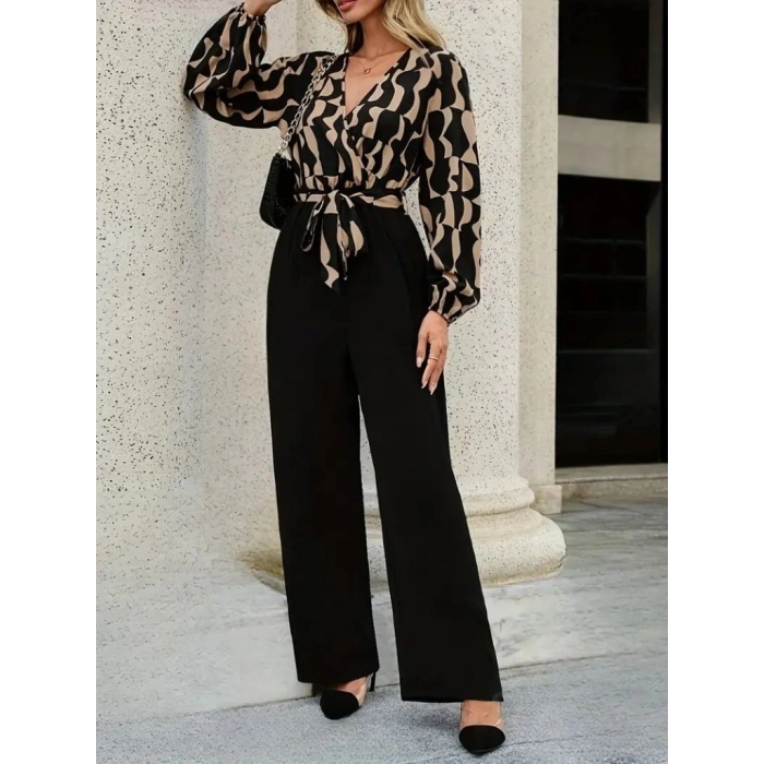 Kadın Uzun Kollu Kruvaze Yakalı Belden Kuşaklı üst Dalgıç Alt Ithal Krep Tulum