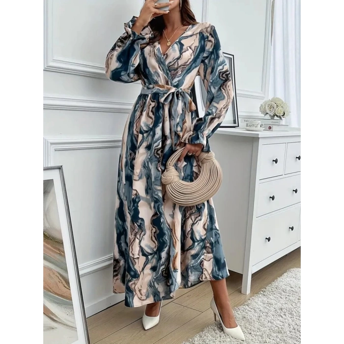 Kadın Uzun Kollu Kruvaze Yakalı Beli Kuşaklı Desenli Süprem Maxi Elbise