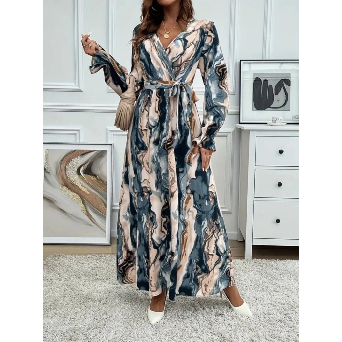 Kadın Uzun Kollu Kruvaze Yakalı Beli Kuşaklı Desenli Süprem Maxi Elbise