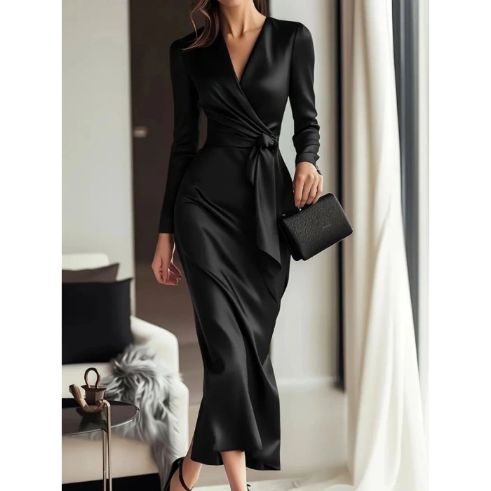 Kadın Uzun Kollu Kruvaze Yakalı Beli Kuşaklı Uzun Saten Elbise