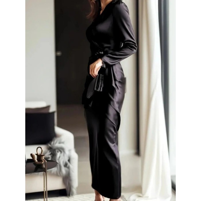 Kadın Uzun Kollu Kruvaze Yakalı Beli Kuşaklı Uzun Saten Elbise