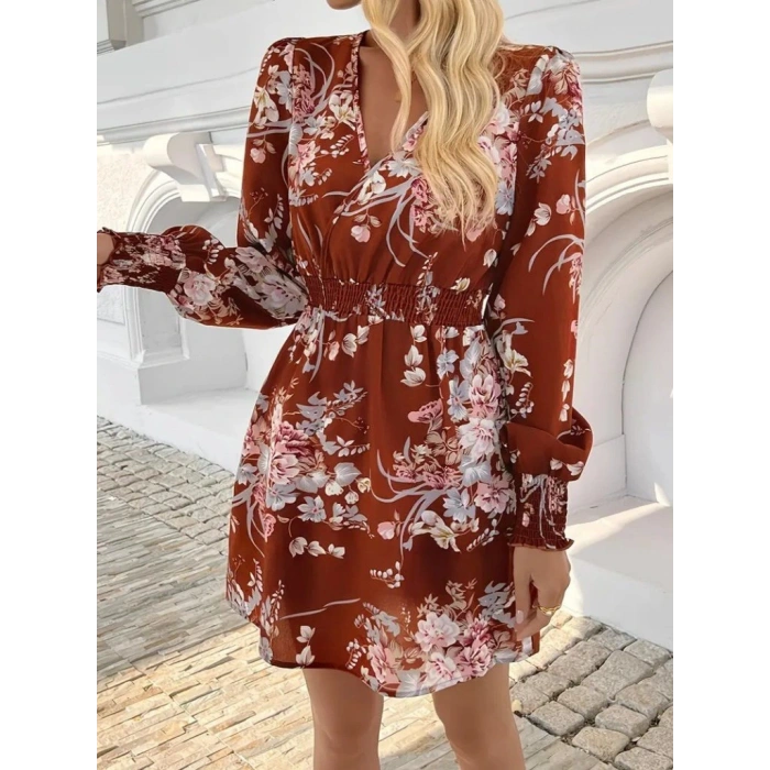 Kadın Uzun Kollu Kruvaze Yakalı çiçek Desenli Mini Süprem Elbise