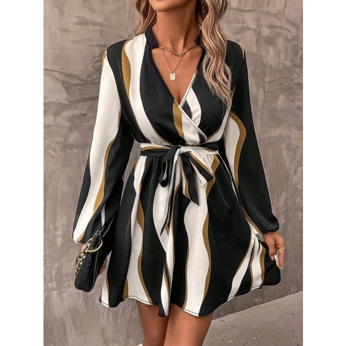 Kadın Uzun Kollu Kruvaze Yakalı Desenli Modal Mini Elbise