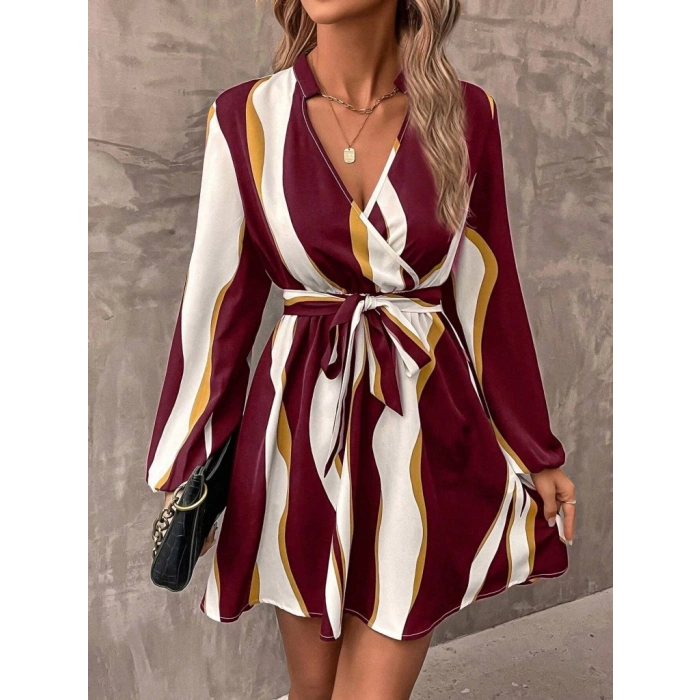 Kadın Uzun Kollu Kruvaze Yakalı Desenli Modal Mini Elbise