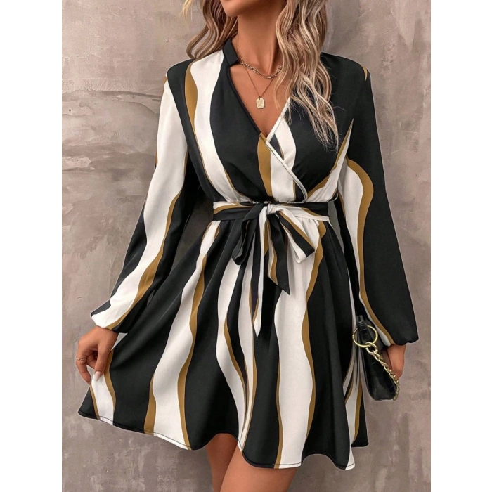 Kadın Uzun Kollu Kruvaze Yakalı Desenli Modal Mini Elbise