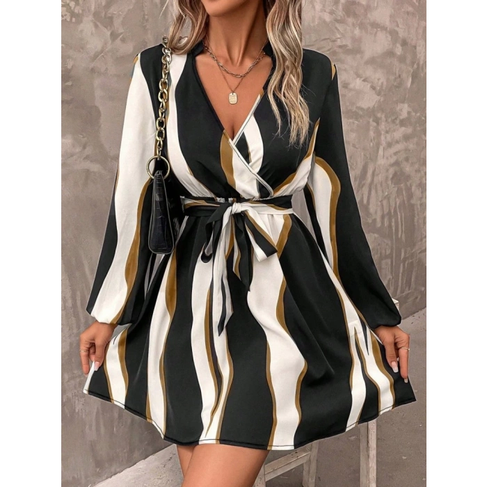 Kadın Uzun Kollu Kruvaze Yakalı Desenli Modal Mini Elbise