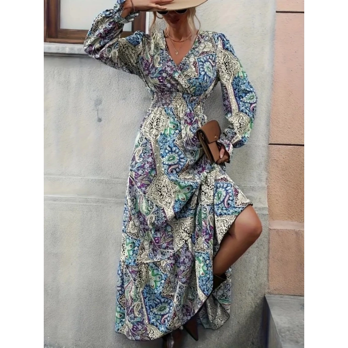 Kadın Uzun Kollu Kruvaze Yakalı Desenli Süprem Maxi Elbise