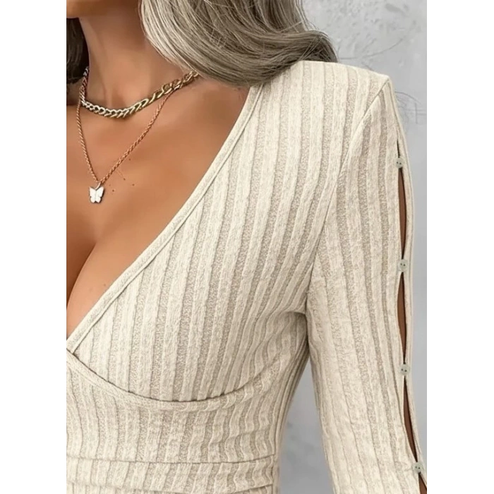 Kadın Uzun Kollu Kruvaze Yakalı Incili şardonlu Kaşkorse Bluz