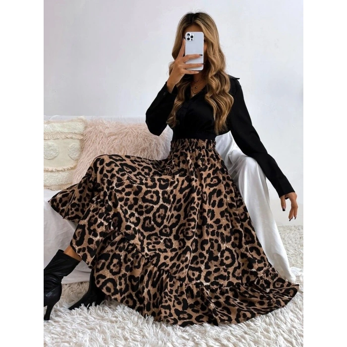 Kadın Uzun Kollu Kruvaze Yakalı Ithal Krep Bluz Ve Leopar Desenli Süprem Uzun Elbise